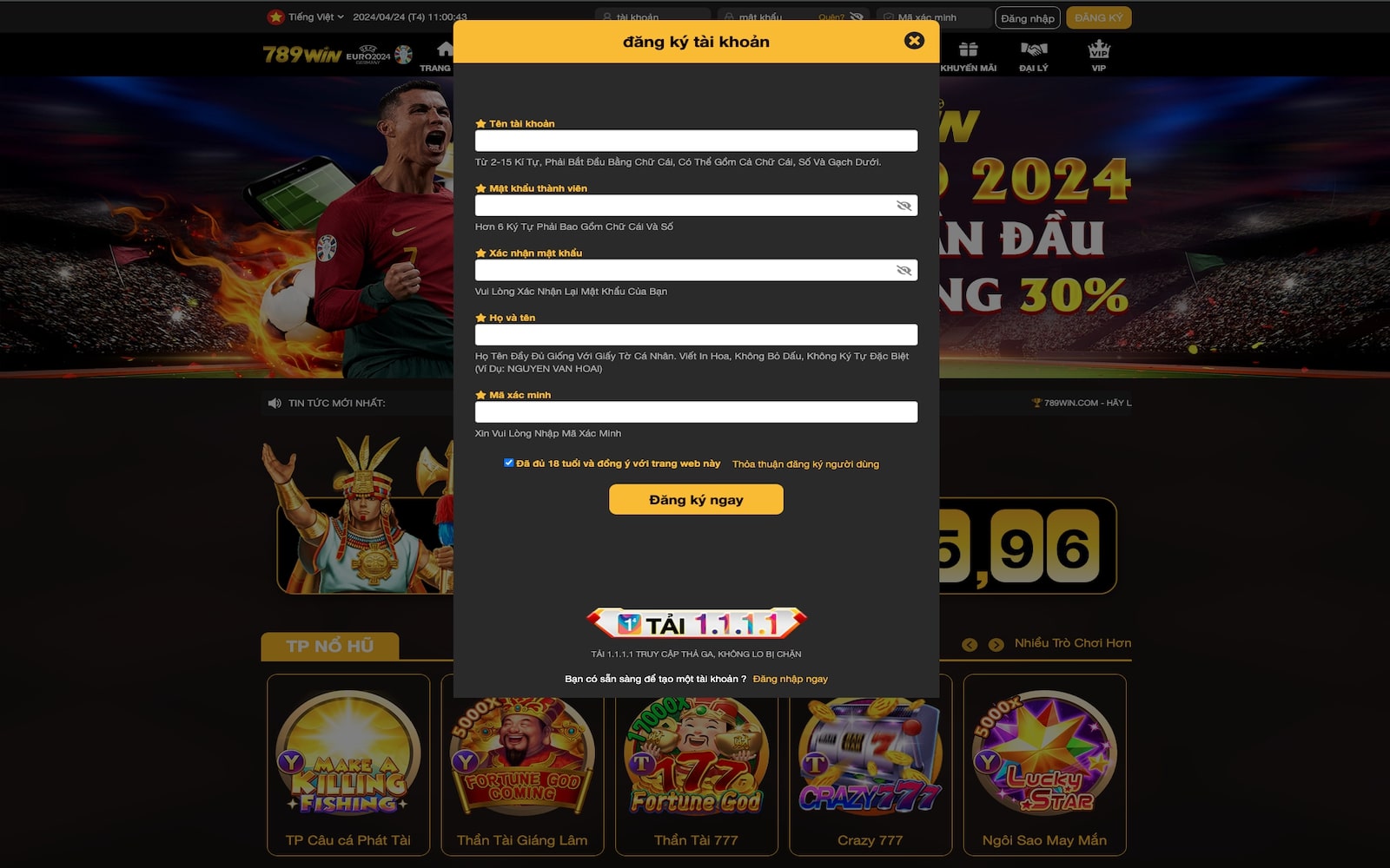 Cách đăng ký tài khoản chơi game live casino 789WIN